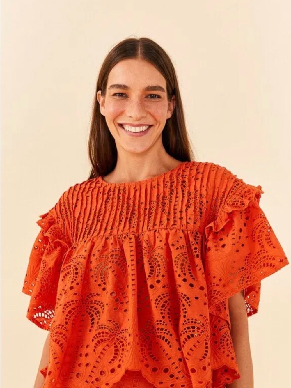 FARM Rio Orange Eyelet Ruffle Tunic Top